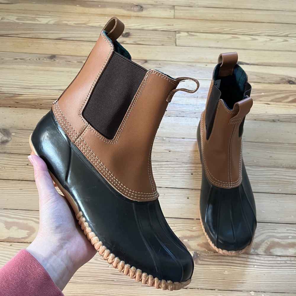 Lands' End Chelsea Duck Boots Mens 10 Brown Black Leather Plaid Lined Rain Snow